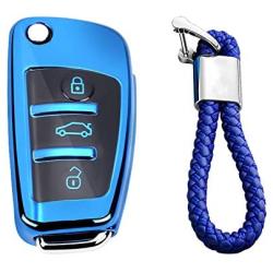 M.JVisun Soft TPU Case Cover Protector Case for Audi Flip Car Remote Key Fob Cover for Audi A1 A3 A4 A6 A8 Quattro Q2 Q3 Q7 R8 RS3 RS6 S3 S6 TT TTS Key Shell - Glossy Blue - Braided Keychain