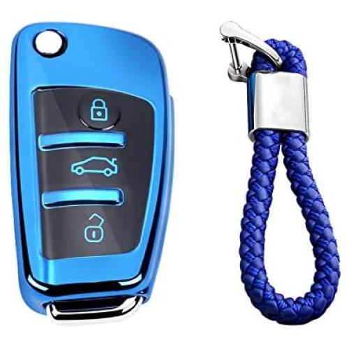 M.JVisun Soft TPU Case Cover Protector Case for Audi Flip Car Remote Key Fob Cover for Audi A1 A3 A4 A6 A8 Quattro Q2 Q3 Q7 R8 RS3 RS6 S3 S6 TT TTS Key Shell - Glossy Blue - Braided Keychain