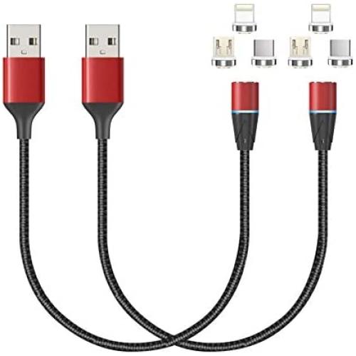 NetDot 12th Generation 3 in 1 Magnetic Fast Charging Cable Data Line Nylon Braided Compatible with Micro USB Type-C Android Smartphones and i-Products(1ft / 2 Pack Red)