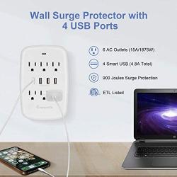 Grenprofa 6 Outlet Wall Plug Extender with 4 USB Ports (4.8A Total), Multi Plug Outlet Adapter Wall Surge Protector (15A/1875W, 900 Joules), Electrical Outlet Expander with USB Ports, ETL Listed