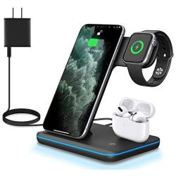 WAITIEE 3 in 1 Wireless Charger,Qi-Certified 15W Fast Charging Station for Apple iWatch Series SE/6/5/4/3/2/1,AirPods, Compatible with iPhone 12/11 Series/XS MAX/XR/XS/X/8/8 Plus/Samsung (Black)