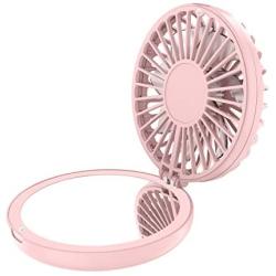 Cellet Dual Portable Mini Fan and Compact Mirror, 3 Speed Folding USB Rechargeable Cosmetic Beauty Mirror Cooling Fan- Pink