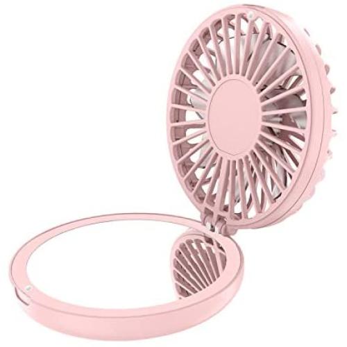 Cellet Dual Portable Mini Fan and Compact Mirror, 3 Speed Folding USB Rechargeable Cosmetic Beauty Mirror Cooling Fan- Pink