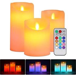 Flameless LED Candles Light, ALED LIGHT 3 Pack Warm White Plus Multicolor Real Wax Battery Operated Electric LED Moving Wick Flickering Candle Lights with Remote Control Timer for Decoration, Wedding