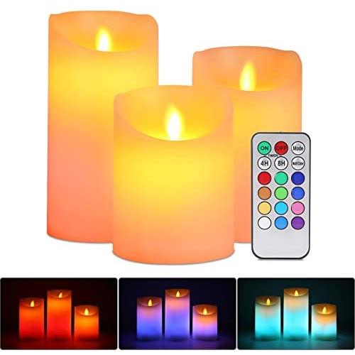 Flameless LED Candles Light, ALED LIGHT 3 Pack Warm White Plus Multicolor Real Wax Battery Operated Electric LED Moving Wick Flickering Candle Lights with Remote Control Timer for Decoration, Wedding