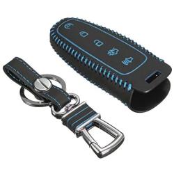 WFMJ Blue Leather Remote Smart 5 Buttons Key Cover Case for Ford Edge Escape Explorer Focus Flex Taurus Fusion