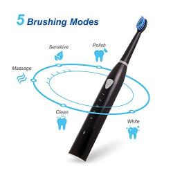 Black Electric Toothbrush Rechargeable for Adults 5 Modes Sonic Toothbrush with 2 Mins Timer and 4 Replacement Brushheads