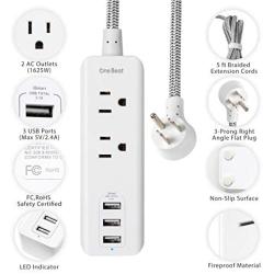 Power Strip with 2 Outlets and 3 USB Charging Ports(3.1A, 15W), Desktop Charging Station with 5 ft Braided Extension Cord, Flat Plug Travel Power Strip for Hotel, Cruise, Home and Office, ETL Listed