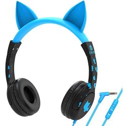 [Upgrade] iClever HS01 Kids Headphones with Mic, Cat Ear Hello Kitty Headphones for Kids Boys Girls, Adjustable 85/94dB Volume Limit, Childrens Headphones for School/Tablet, Blue