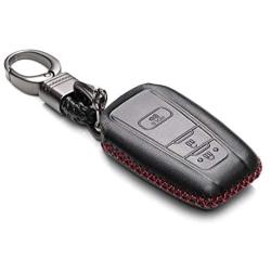 Vitodeco Genuine Leather Remote Key Fob Case Cover Protector with Key Chain for 2019 Toyota Corolla Hatchback, Avalon, Camry, Prius, C-HR (3 Buttons, Black/Red)