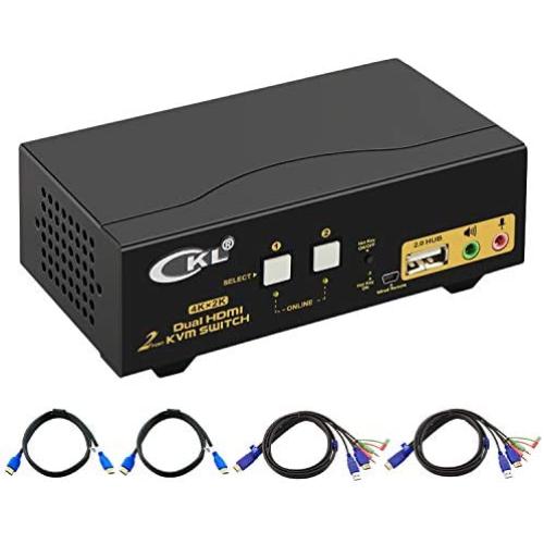 CKL HDMI KVM Switch 2 Port Dual Monitor Extended Display, USB KVM Switch HDMI 2 in 2 Out with Audio Microphone Output and USB 2.0 Hub, PC Monitor Keyboard Mouse Switcher 4K@30MHz CKL-922HUA