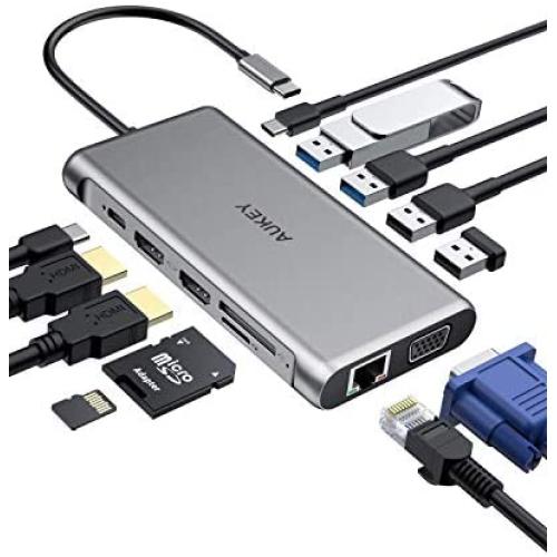 AUKEY USB C Hub 12-in-1 Type C Adapter with Ethernet, 4K HDMI,VGA,2 USB 3.0,2 USB 2.0,100W PD,USB-C Data Port and SD/TF Docking Station for MacBookPro/Air(Thunderbolt 3) and Other USB-C Laptops
