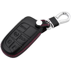 ROYALFOX Genuine Leather 3 4 5 Buttons Smart Key Fob case Cover for Jeep Cherokee Compass Renegade Grand Cherokee, Fiat,Dodge Charger Challenger Dart Journey Durango Grand Caravan RAM (Black)
