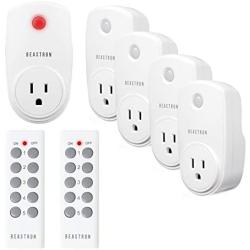 Beastron Remote Control Outlet Switch Power Plug in for Household Appliances, Wireless Light Switch, Up to 100 ft. Range, Fcc Certified, ETL Listed, White (Learning Code, 5RX-2TX)