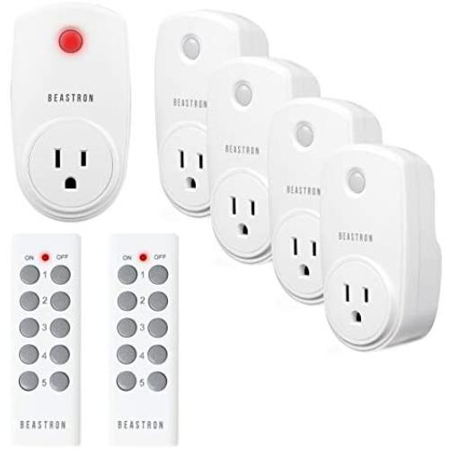 Beastron Remote Control Outlet Switch Power Plug in for Household Appliances, Wireless Light Switch, Up to 100 ft. Range, Fcc Certified, ETL Listed, White (Learning Code, 5RX-2TX)
