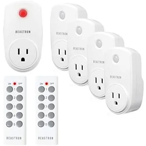 Beastron Remote Control Outlet Switch Power Plug in for Household Appliances, Wireless Light Switch, Up to 100 ft. Range, Fcc Certified, ETL Listed, White (Learning Code, 5RX-2TX)