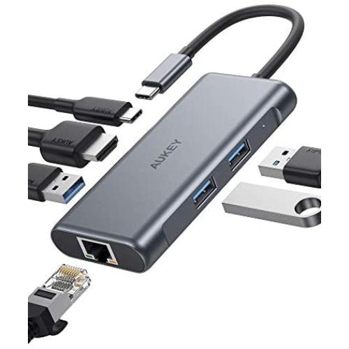 AUKEY USB C Hub Adapter, 6 in 1 Type C Hub with Ethernet Port 1000Mbps, 4K USB C to HDMI, 3 USB 3.0 Ports, 100W USB C PD Charging Thunderbolt 3, for MacBook Pro Air, Chromebook Pixel Laptop Phone