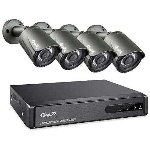Kingkong Smart 4CH 1080P Home Security Camera System, 2MP CCTV Camera Security System Outdoor AHD Video DVR Recorder 4X 1920TVL, H.265+ IP67 Weatherproof, 98ft Night Vision, Motion Alert (Black)