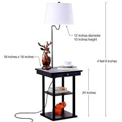Brightech - Madison LED Floor Lamp with USB Charging Ports - Mid Century Modern Bedside Nighstand Table - End Table with Shelves for Living Room Sofas - White Shade