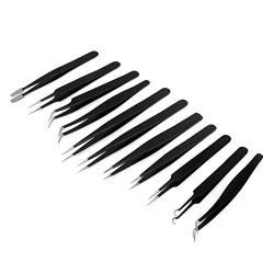 G.S Precision Tweezers Set, 11 Pcs Anti-Static ESD Safe Long Stainless Steel Tweezers for Electronics Soldering, Watch, Jewelry, Hobby Crafts, Eyelash Extensions, Ingrown Hair - with Case Best Quality