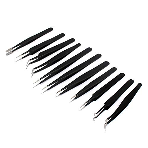 G.S Precision Tweezers Set, 11 Pcs Anti-Static ESD Safe Long Stainless Steel Tweezers for Electronics Soldering, Watch, Jewelry, Hobby Crafts, Eyelash Extensions, Ingrown Hair - with Case Best Quality