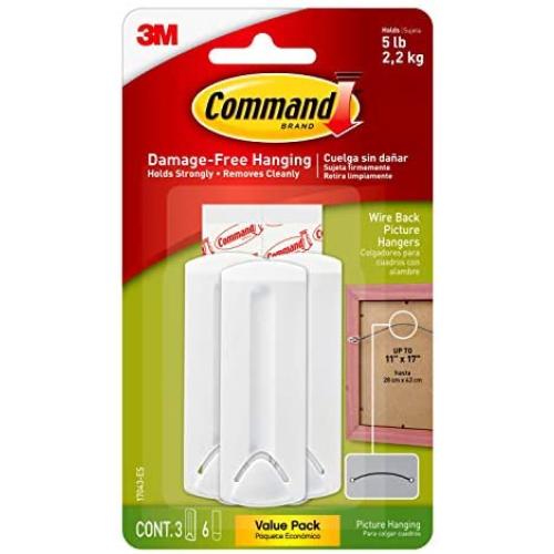 Command Wire-Back Hangers, Indoor Use, 3 hangers, 6 strips, Decorate Damage-Free (17043-ES)