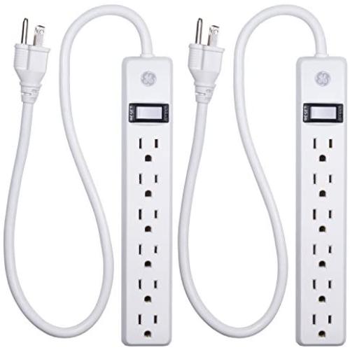 GE, White, 6 Outlet 2 Pack, 2 Ft Cord, Switched Power Strip, Integrated Circuit Breaker, Overload Protection, Wall Mountable, 3 Prong, UL Listed, 14833, Count