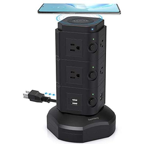 SUPERDANNY Surge Protector Tower with 10W Wireless Charger, Spin Power Strip Tower 13A Vertical Charging Station with 10 AC Outlets+4 USB Slots and 6.5ft Extension Cord for Home Office Garage, Black