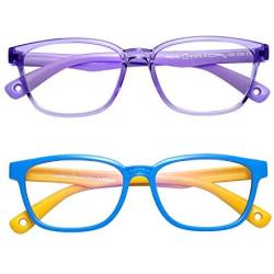 AHXLL Kids Blue Light Blocking Glasses 2 Pack, Anti Eyestrain & UV Protection, Computer Gaming TV Phone Glasses for Boys Girls Age 3-9 (Blue Yellow+ Transparent Purple)