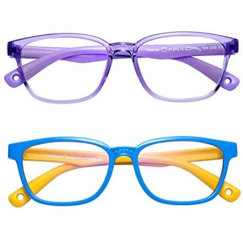 AHXLL Kids Blue Light Blocking Glasses 2 Pack, Anti Eyestrain & UV Protection, Computer Gaming TV Phone Glasses for Boys Girls Age 3-9 (Blue Yellow+ Transparent Purple)