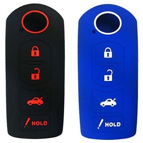 2Pcs Coolbestda Silicone Key Fob Cover Case Skin Jacket Remote Keyless Shell Protector for Mazda 3 6 CX-7 CX-9 MX-5 Miata 4 Buttons Black Blue