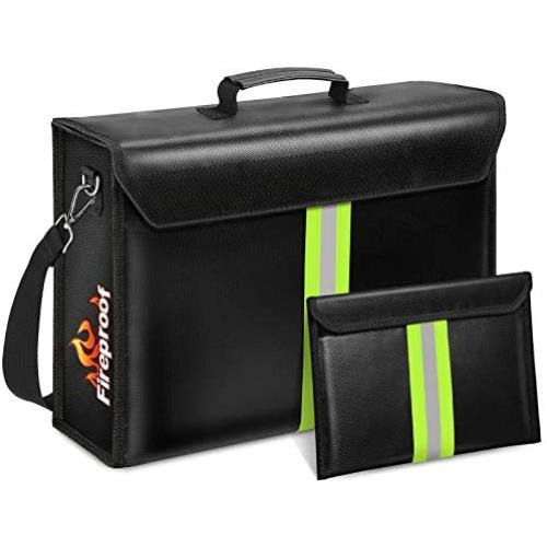 FINPAC Fireproof Document Bag with Money Bag, 17 x 12 x 5 Inches Waterproof & Non-Itchy Fiberglass Briefcase with Reflective Strips and Shoulder Straps for Passport, Cash, Binders, Laptops, Tablets