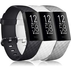 Pack 3 Silicone Bands Compatible for Fitbit Charge 4 / Fitbit Charge 3 / Charge 3 SE Replacement Wristbands for Women Men Small Large(Without Tracker) (Small: for 5.5''-7.1'' Wrists, Black+White+Grey)