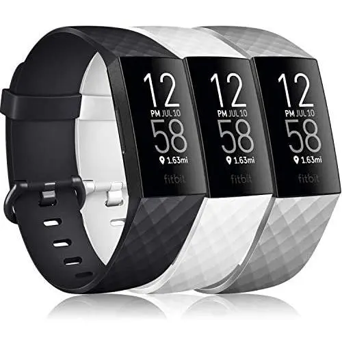 Pack 3 Silicone Bands Compatible for Fitbit Charge 4 / Fitbit Charge 3 / Charge 3 SE Replacement Wristbands for Women Men Small Large(Without Tracker) (Small: for 5.5''-7.1'' Wrists, Black+White+Grey)