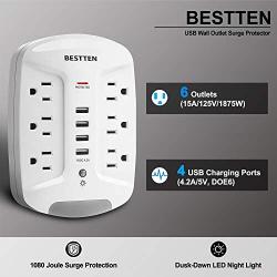 BESTTEN Wall Outlet USB Charger with LED Night Light and Surge Protector (1080 Joules), 4 USB Ports (5V/4.2A), 6 AC Outlets (15A/125V/1875W), Photocell Night Light, ETL Listed, White