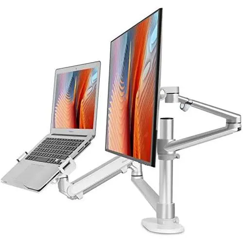 Viozon Monitor and Laptop Mount, 2-in-1 Adjustable Dual Monitor Arm Desk Stand, Single Gas Spring Arm with Laptop Tray for 12-17'' Laptop Single Arm Stand/Holder for 17-32'' Monitor(3L proS)