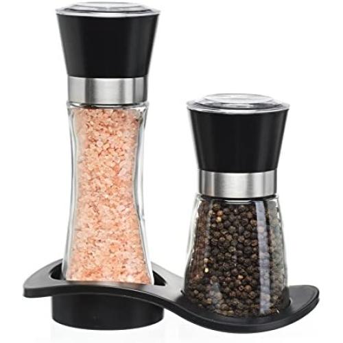 Salt and Pepper Shakers - Salt n Pepper Grinder Set, Adjustable Grind Coarseness, Stylish Base, Premium Brushed Stainless Steel Top, Great Christmas Mother’s Day Gift Idea (S&P Large Small)