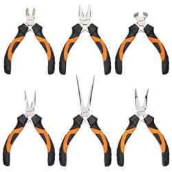 KENDO 6-Pieces Mini Pliers Set - Long, Bent, Needle Nose, Diagonal, End Cut, Combination - Spring Loaded Handle, 4.5 Inch - Mechanic, Craftsman Basic Tool Kit - Roll Up Carry Bag Included