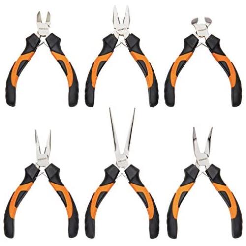 KENDO 6-Pieces Mini Pliers Set - Long, Bent, Needle Nose, Diagonal, End Cut, Combination - Spring Loaded Handle, 4.5 Inch - Mechanic, Craftsman Basic Tool Kit - Roll Up Carry Bag Included