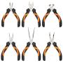 KENDO 6-Pieces Mini Pliers Set - Long, Bent, Needle Nose, Diagonal, End Cut, Combination - Spring Loaded Handle, 4.5 Inch - Mechanic, Craftsman Basic Tool Kit - Roll Up Carry Bag Included