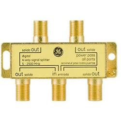 GE Digital 4-Way Coaxial Cable Splitter, 2.5 GHz 5-2500 MHz, RG6 Compatible, Works with HD TV, Satellite, High Speed Internet, Amplifier, Antenna, Gold Plated Connectors, Corrosion Resistant, 33527