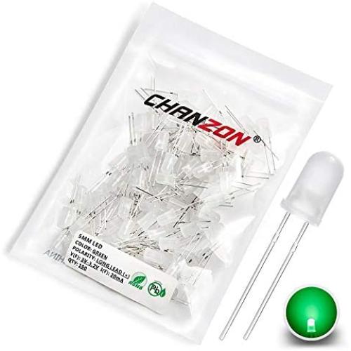 Chanzon 100 pcs 5mm Green Diffused LED Diode Lights (Frosted Lens Round DC 3V 20mA) Lighting Bulb Lamps Electronics Components Indicator Light Emitting Diodes