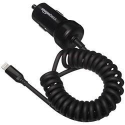 Amazon Basics Coiled Cable Lightning Car Charger, 1.5 Foot, Black