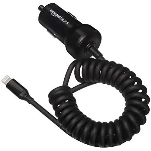 Amazon Basics Coiled Cable Lightning Car Charger, 1.5 Foot, Black