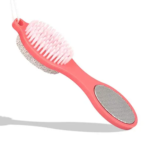 CLEEDY Foot File Callus Remover – Multifunction Pedicure Tools, Professional Foot Scrubber, 4-in-1 Foot Paddle with Pumice Stone, Foot Rasp, Brush & Emery File (Red Foot Paddle)