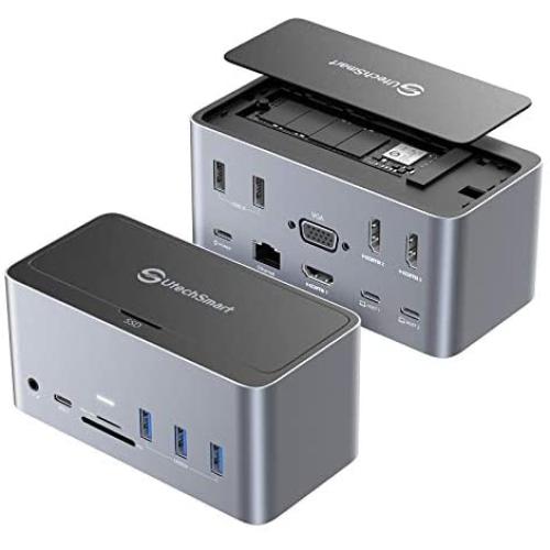 USB C Docking Station, UtechSmart 18in1 Quadruple Display Laptop Universal Docking Station for MacBook Pro & Windows,Thunderbolt 3 Dock with SSD Enclosure 3HDMI VGA 100WPD 5USB-A SD/TF Slot 3.5mm RJ45
