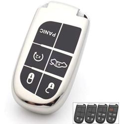 Royalfox 3 4 5 Buttons TPU Smart Remote Key Fob case Full Cover for Chrysler 300 200 Dodge Charger Challenger Dart Durango Journey,Jeep Grand Cherokee Renegade Fiat Freemont (Silver)