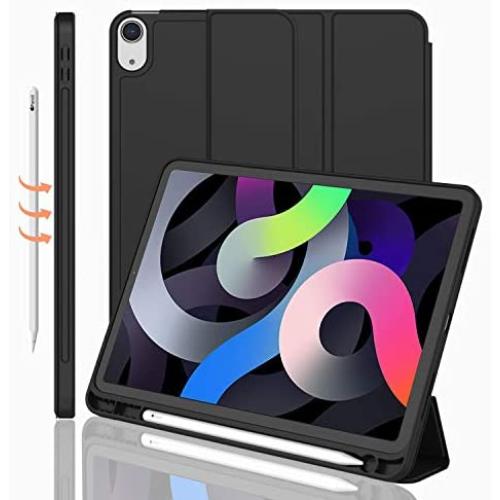 iMieet iPad Air 4th Generation Case 2020, iPad 10.9 Inch Case 2020 with Pencil Holder [Support Touch ID and iPad 2nd Pencil Charging/Pair], Trifold Stand Smart Case with Soft TPU Back (Black)