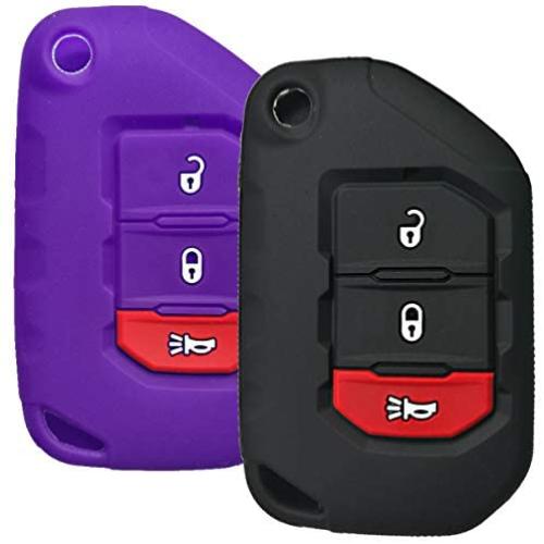 Qty(2) Alegender Black Purple Slilicone 3-Buttons Flip Key Fob Cover Case Holder Remote Skin Protector Fit for 2018 2019 Jeep Wrangler JL