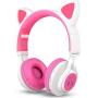 Bluetooth Headphones, Riwbox CT-7 Cat Ear LED Light Up Wireless Foldable Headphones Over Ear with Microphone and Volume Control for iPhone/iPad/Smartphones/Laptop/PC/TV (White&Pink)